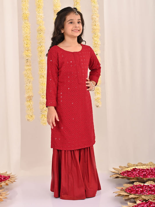 Girls' Maroon Kurta And Sharara Set