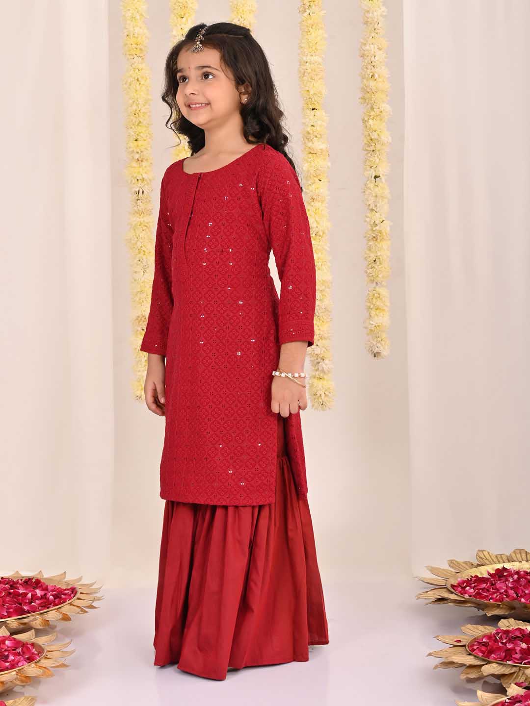 Girls' Maroon Embellished Kurta Palazzo Set