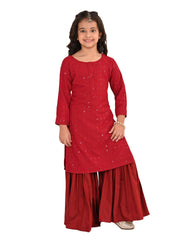 Girls' Maroon Kurta And Sharara Set