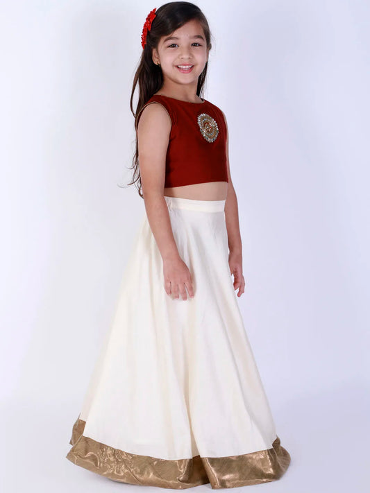 Girls Maroon And Cream Lehenga Set