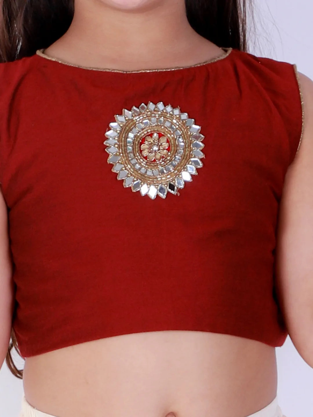 Girls Maroon And Cream Lehenga Set