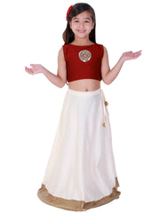 Girls Maroon And Cream Lehenga Set