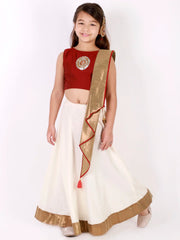 Girls Maroon And Cream Lehenga And Dupatta Set