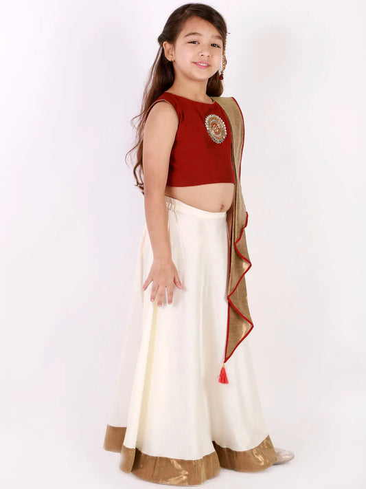 Girls Maroon And Cream Lehenga And Dupatta Set