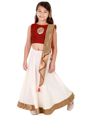 Girls Maroon And Cream Lehenga And Dupatta Set