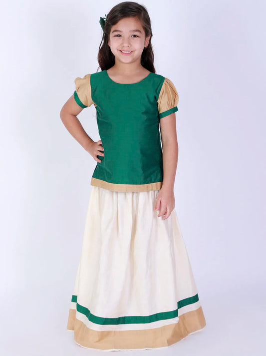 Girls Green And Cream Lehenga Set