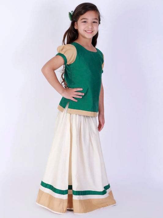 Girls Green And Cream Lehenga Set