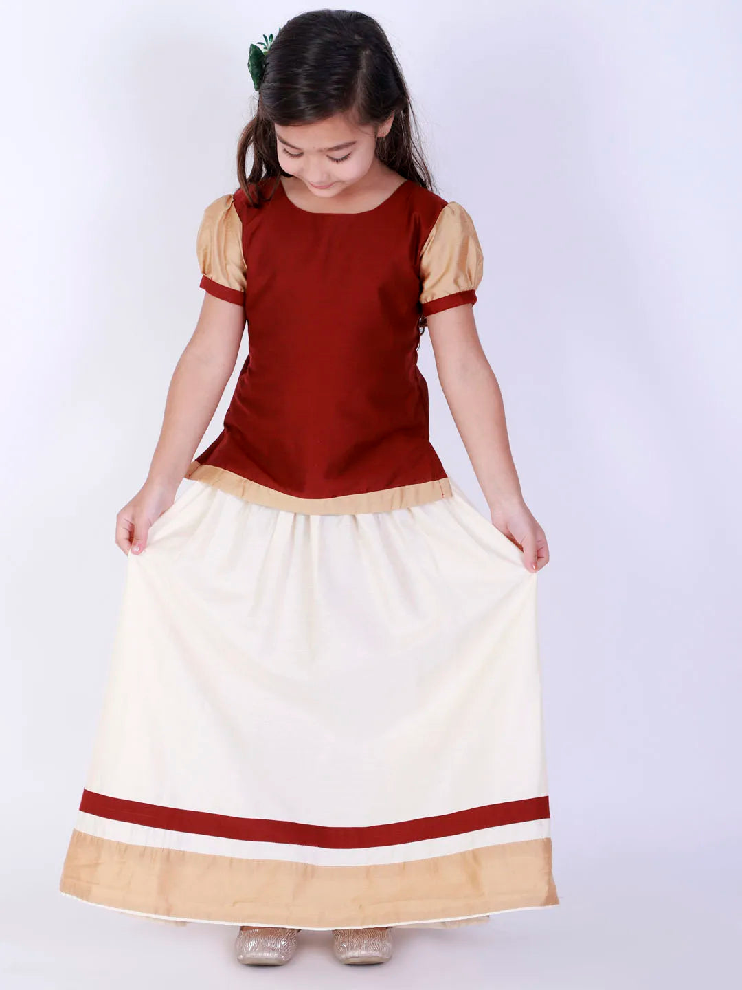 Girls Maroon And Cream Lehenga Set