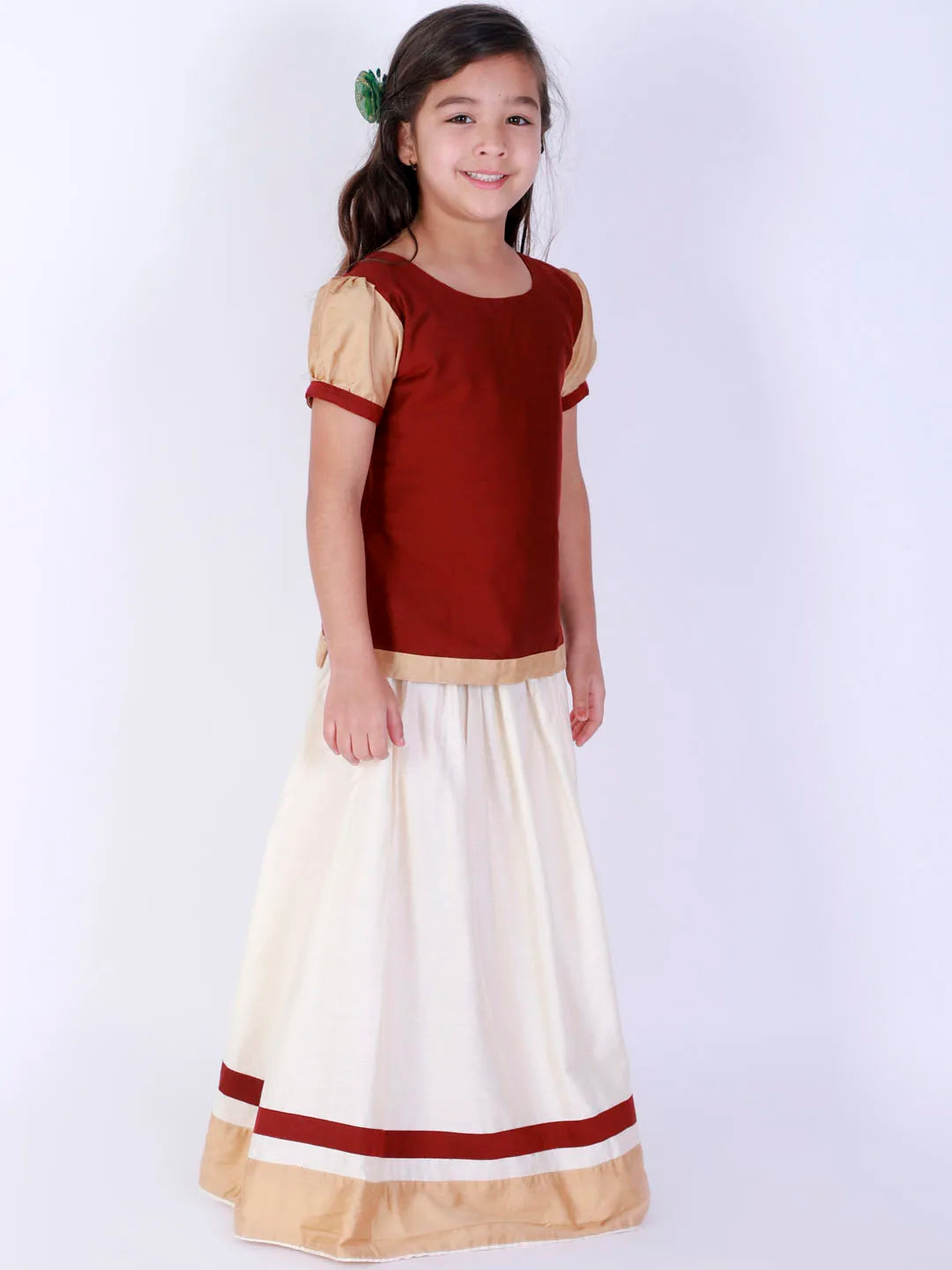 Girls Maroon And Cream Lehenga Set