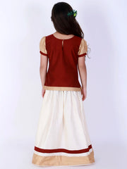 Girls Maroon And Cream Lehenga Set