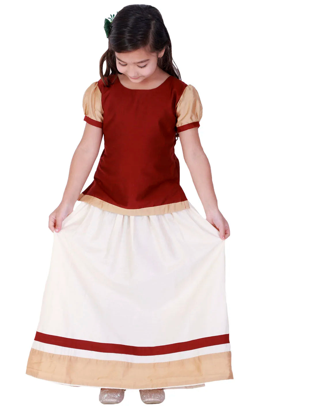 Girls Maroon And Cream Lehenga Set