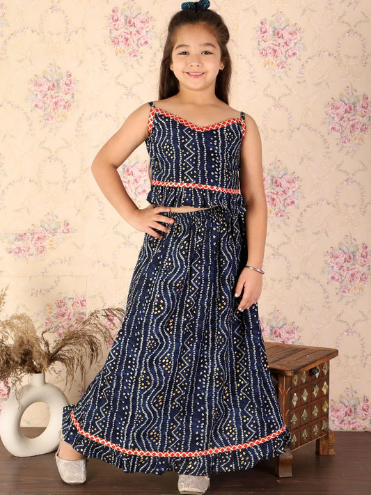 Girls Blue Bandhani Lehenga Set