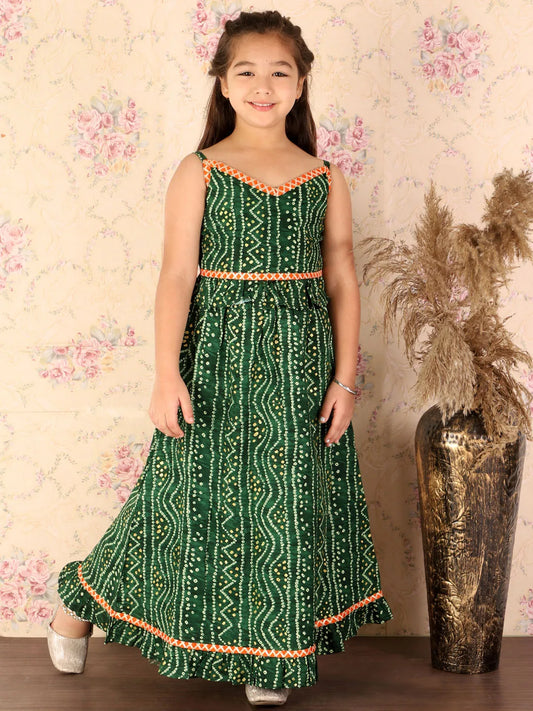 Girls Green Bandhani Lehenga Set