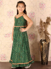 Girls Green Bandhani Lehenga Set