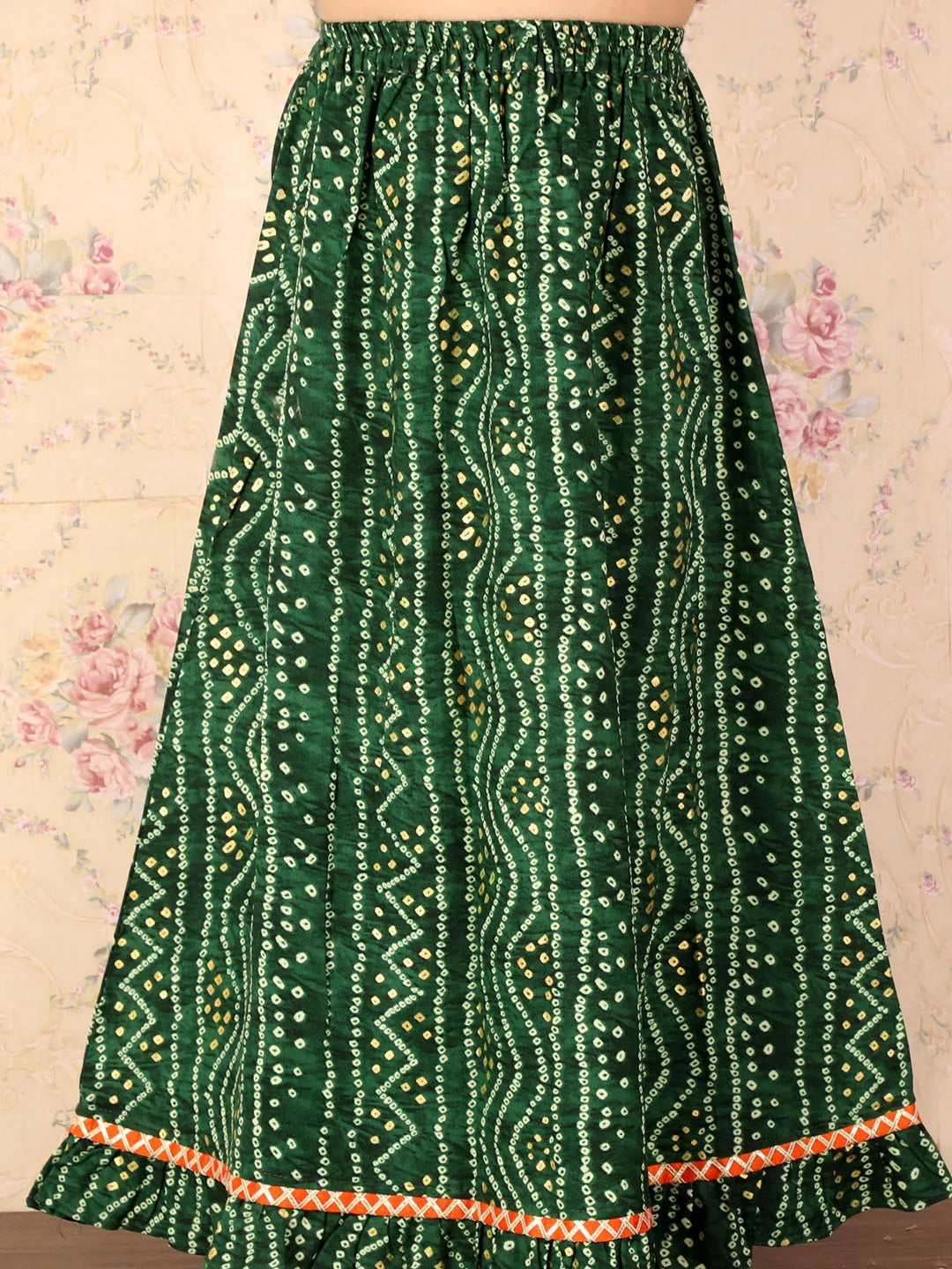 Girls Green Bandhani Lehenga Set