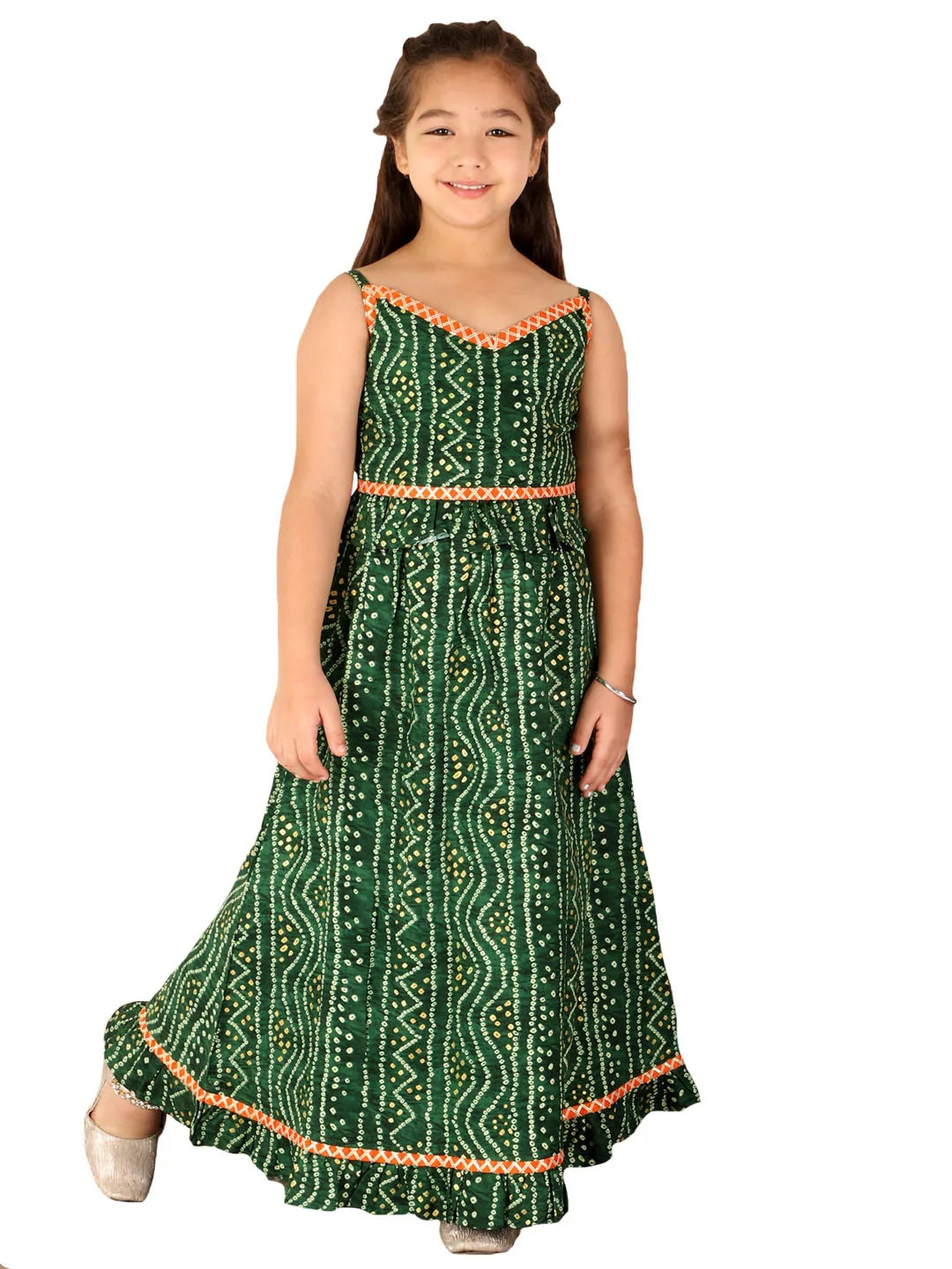 Girls Green Bandhani Lehenga Set