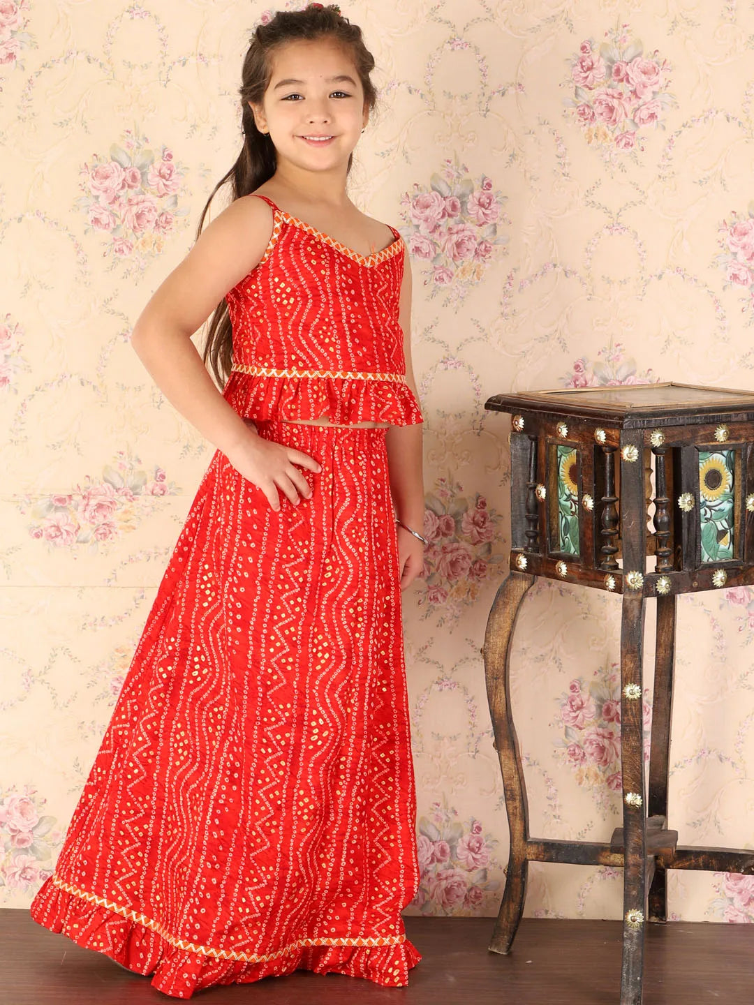 Girls Maroon Bandhani Lehenga Set