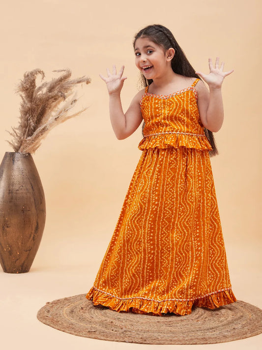 Girls Orange Bandhani Lehenga Set