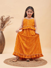 Girls Orange Bandhani Lehenga Set