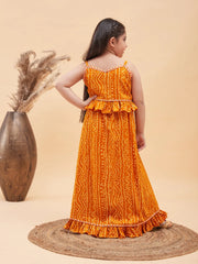 Girls Orange Bandhani Lehenga Set