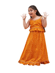 Girls Orange Bandhani Lehenga Set