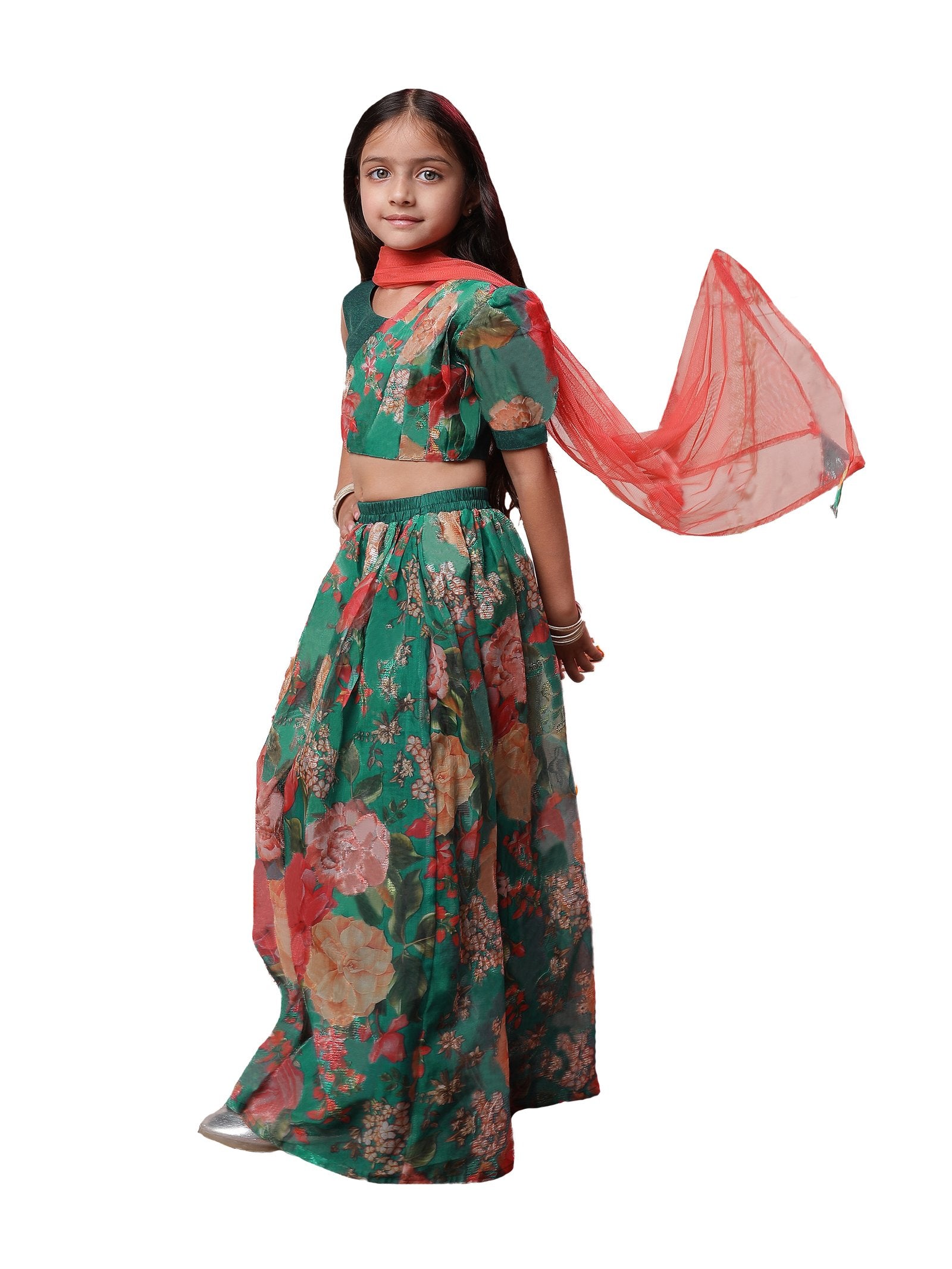 Girls' Green Lehenga With Dupatta