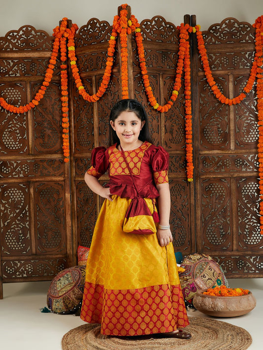 Girls' Mustard And Maroon Lehenga Set