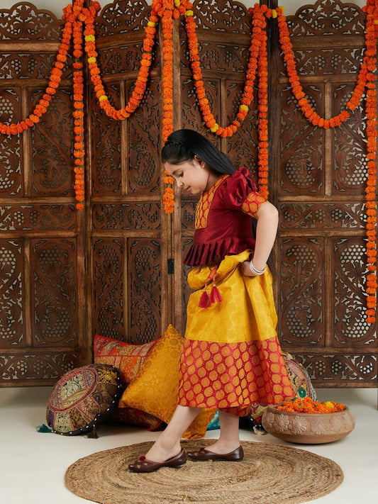 Girls' Mustard And Maroon Lehenga Set