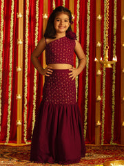 Vastramay - Girls' Wine Fish Cut Sequined Skirt And Top Set