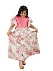 Girls Printed Silk Blend Ruffled Crop Top And Skirt Set