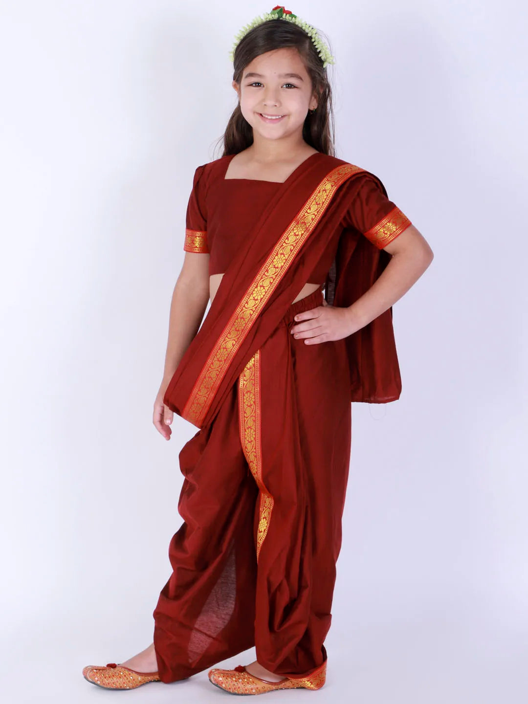 Girls Maroon Ready To Wear Saree Dhoti Set