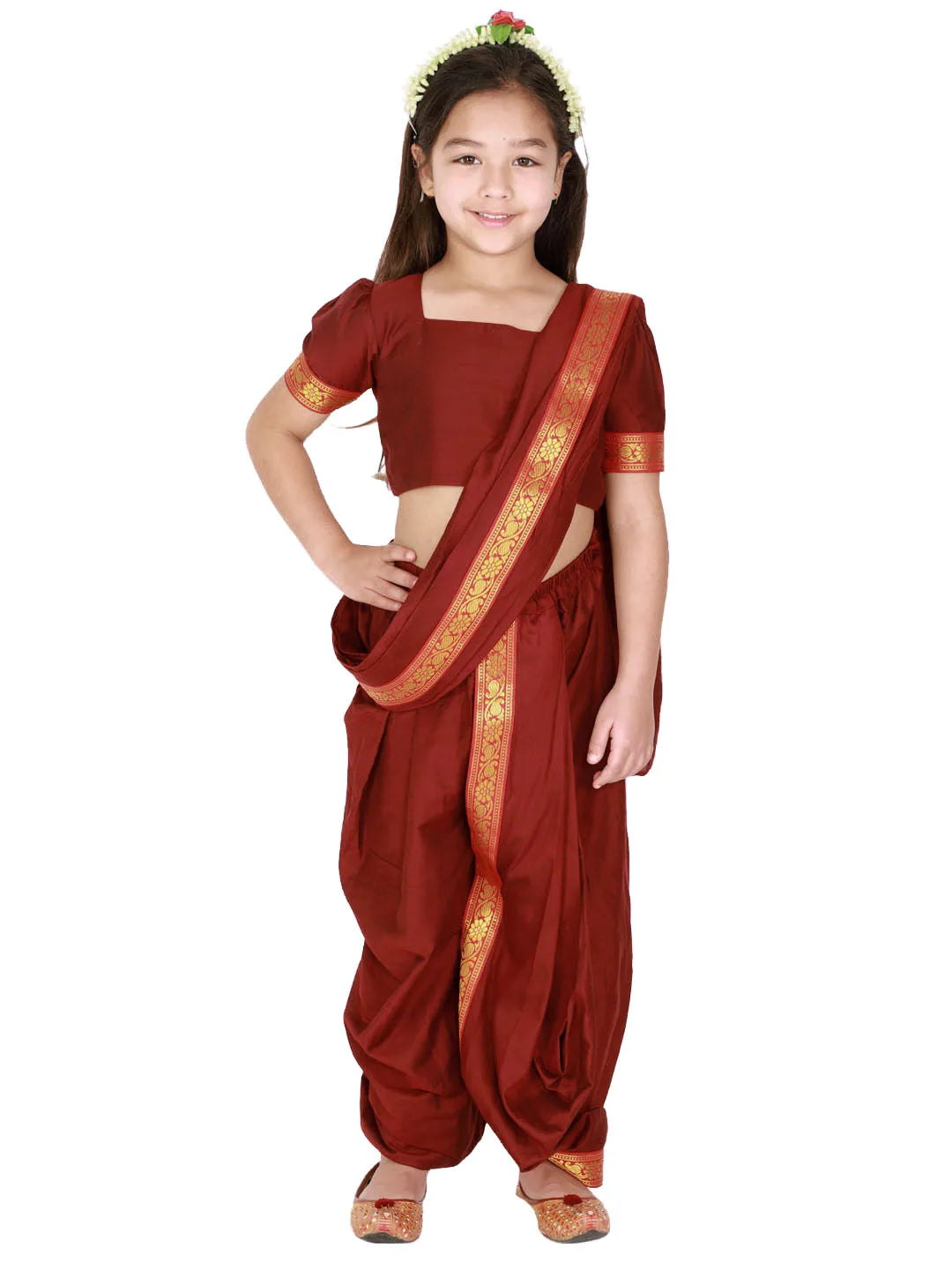 Girls Maroon Ready To Wear Saree Dhoti Set