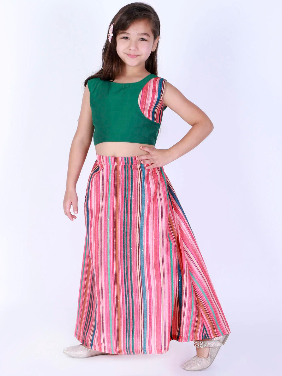 Girls Multicolor-Base-Pink Stripe Embellished Lehenga Set