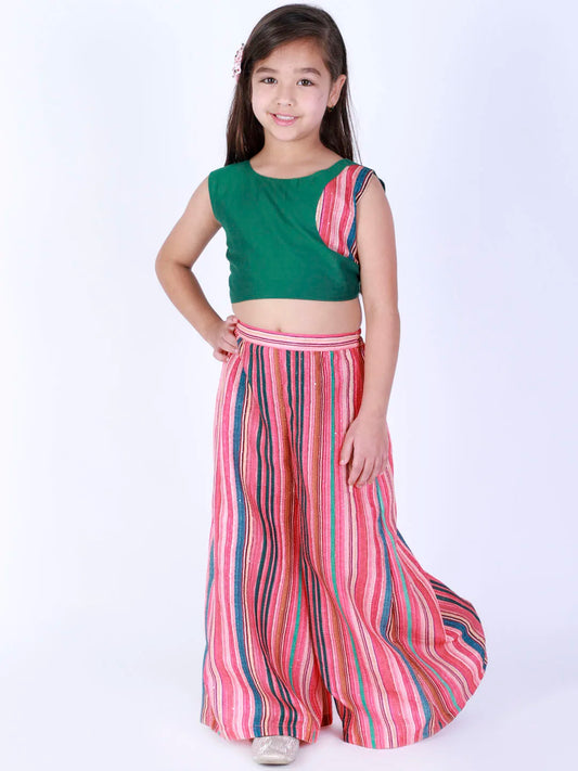 Girls Multicolor-Base-Pink Stripe Embellished Palazzo Set