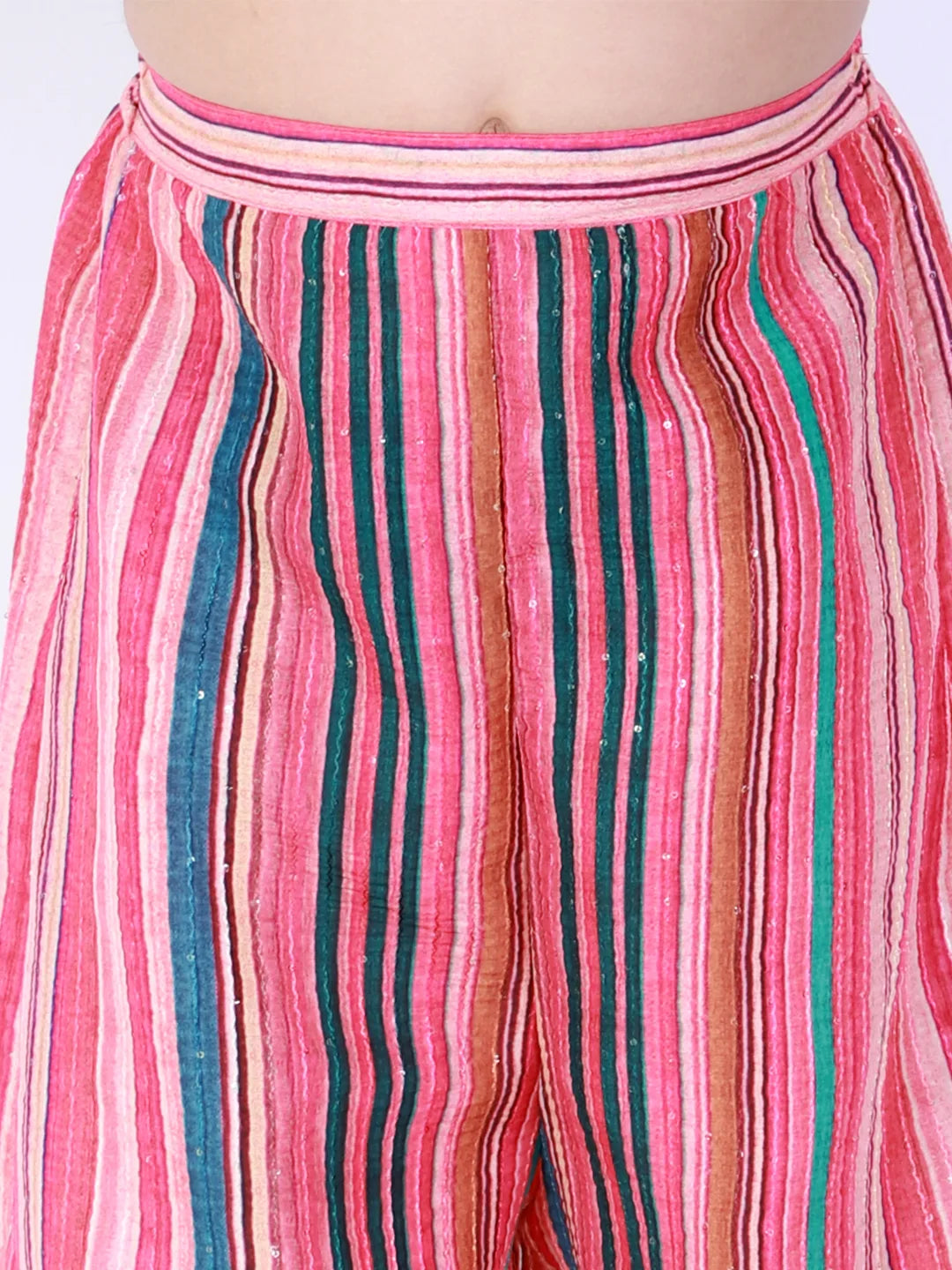 Girls Multicolor-Base-Pink Stripe Embellished Palazzo Set