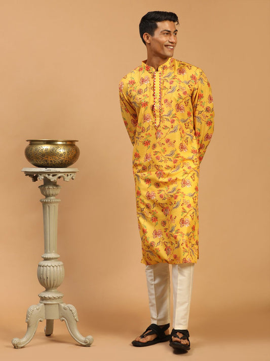 Vastramay - Men's Multicolor-Base-Mustard And Cream Muslin Blend Kurta Pyjama Set