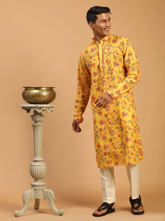 Vastramay - Men's Multicolor-Base-Mustard And Cream Muslin Blend Kurta Pyjama Set