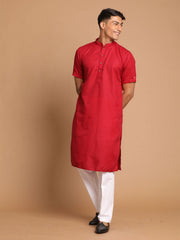 Men's Maroon Cotton Blend Kurta