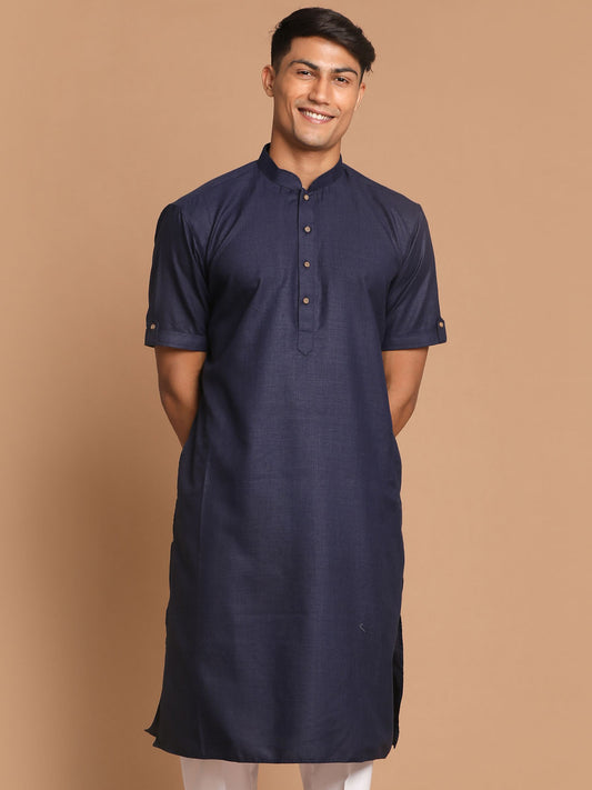 Men's Navy Blue Cotton Blend Kurta