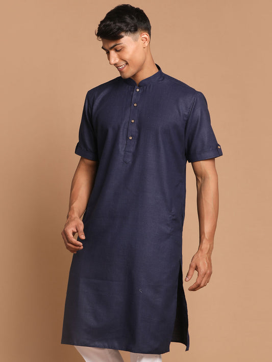 Men's Navy Blue Cotton Blend Kurta