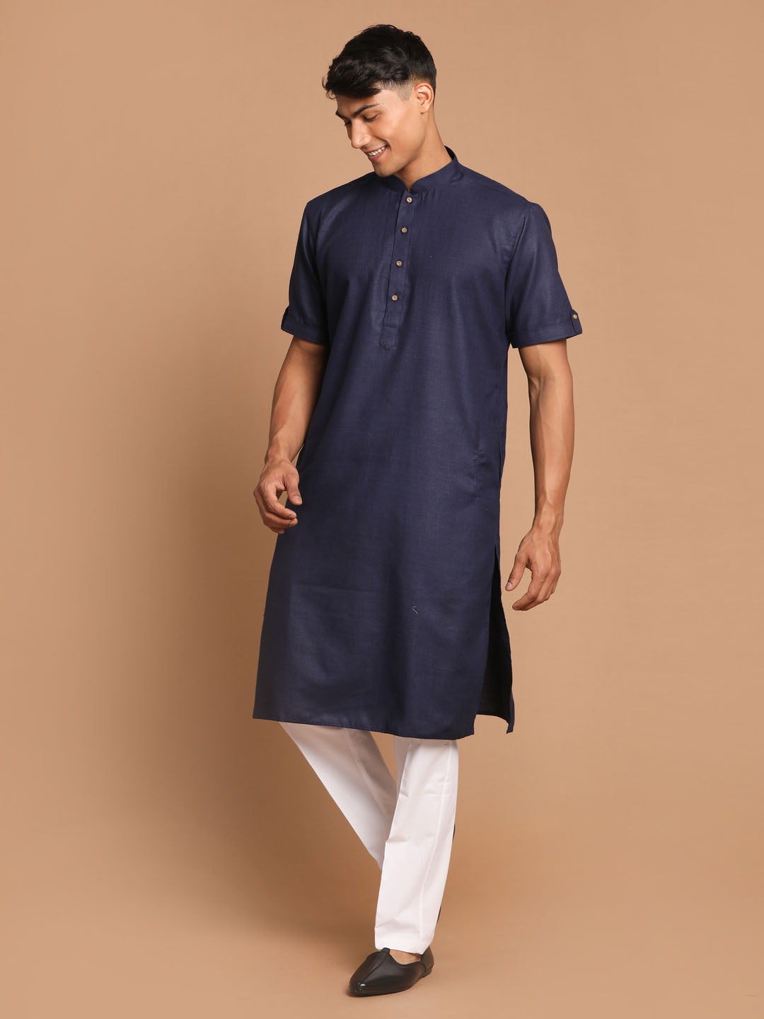 Men's Navy Blue Cotton Blend Kurta