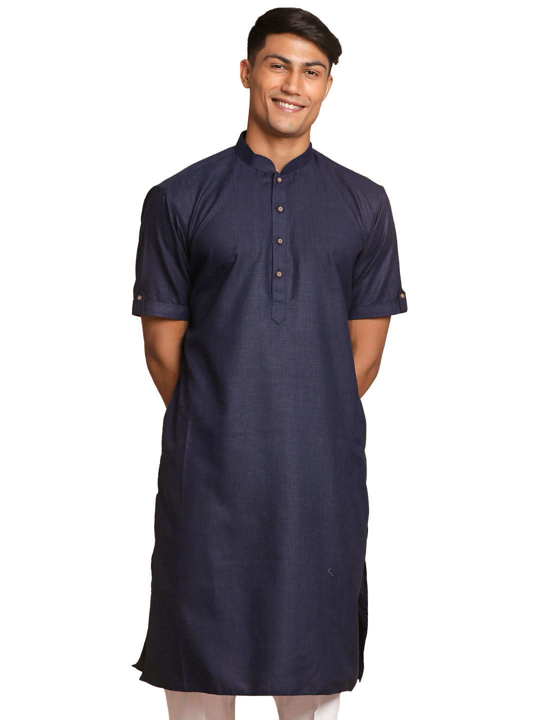 Men's Navy Blue Cotton Blend Kurta