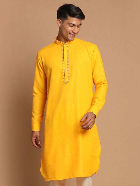 Men's Yellow Cotton Blend Kurta