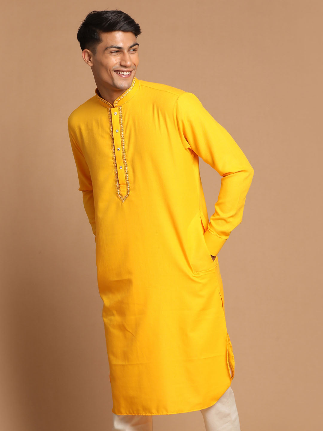 Men's Yellow Cotton Blend Kurta