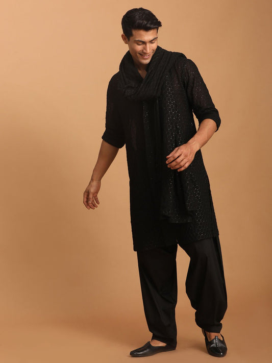 Men's Black Georgette Kurta, Pyjama & Dupatta Set