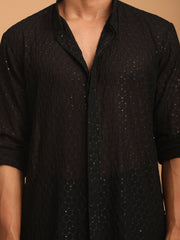 Men's Black Georgette Kurta, Pyjama & Dupatta Set