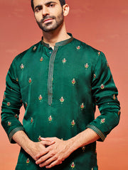 Men's Bottle Green Silk Blend Kurta And Pyjama Set