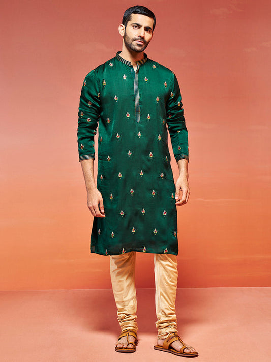 Men's Bottle Green Silk Blend Kurta And Pyjama Set