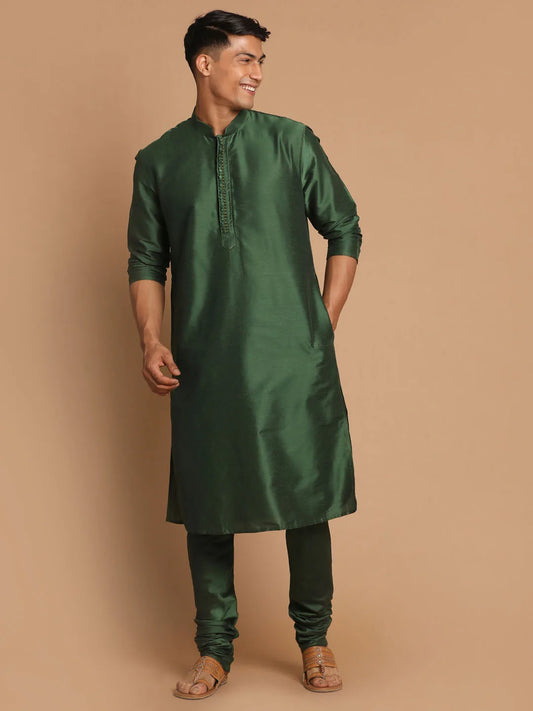 Vastramay - Men's Green Cotton Blend Kurta Pyjama Set