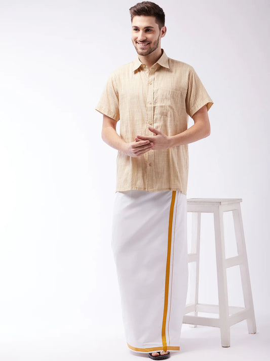 VASTRAMAY - قميص Dhoti/Mundu/Vesty باللونين الأبيض والذهبي للرجال